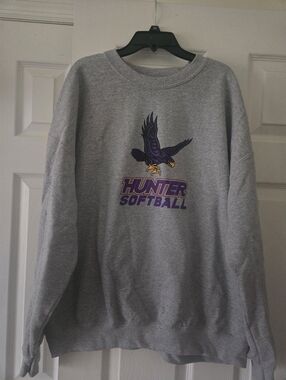 Gildan Gray Crewneck Sweatshirt with Purple and Gold Hunter Softball Logo